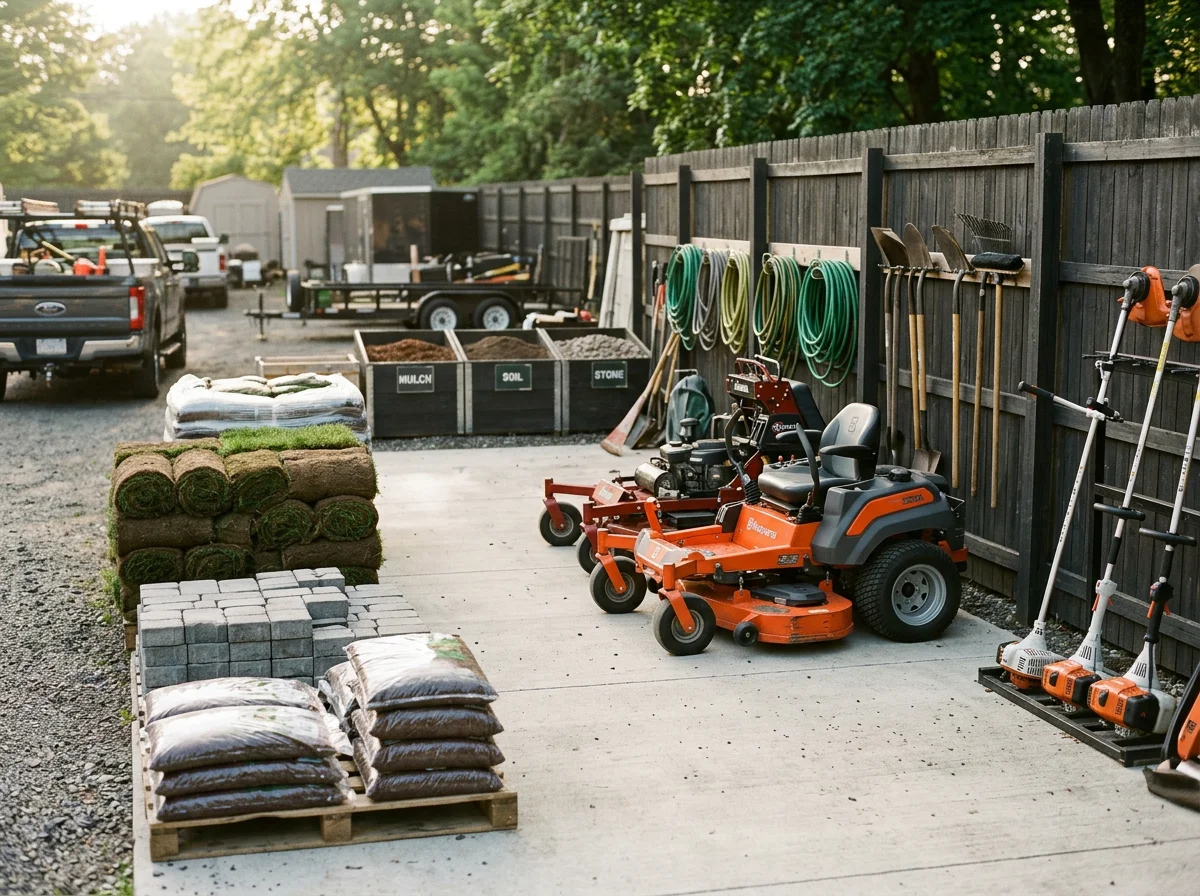 Landscaping crew with professional tools and equipment ready for yard work and maintenance projects.