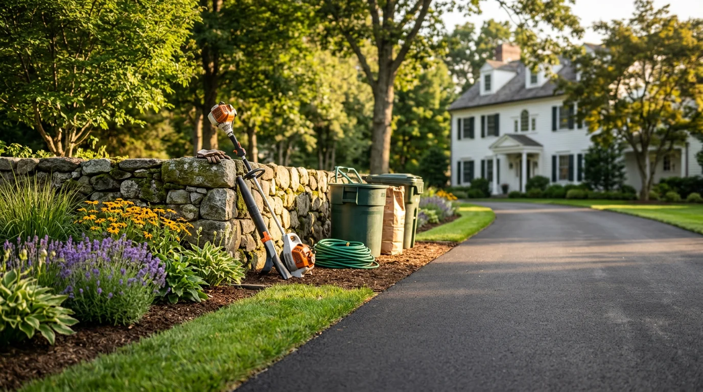 Professionally maintained large estate grounds with manicured lawns, mature trees, and landscaped garden beds in Darien