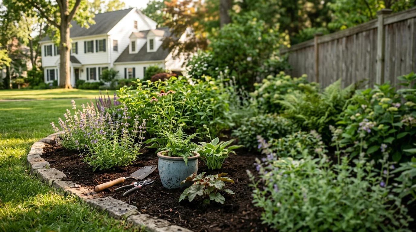 Gardener planting flowers and shrubs in a residential garden bed