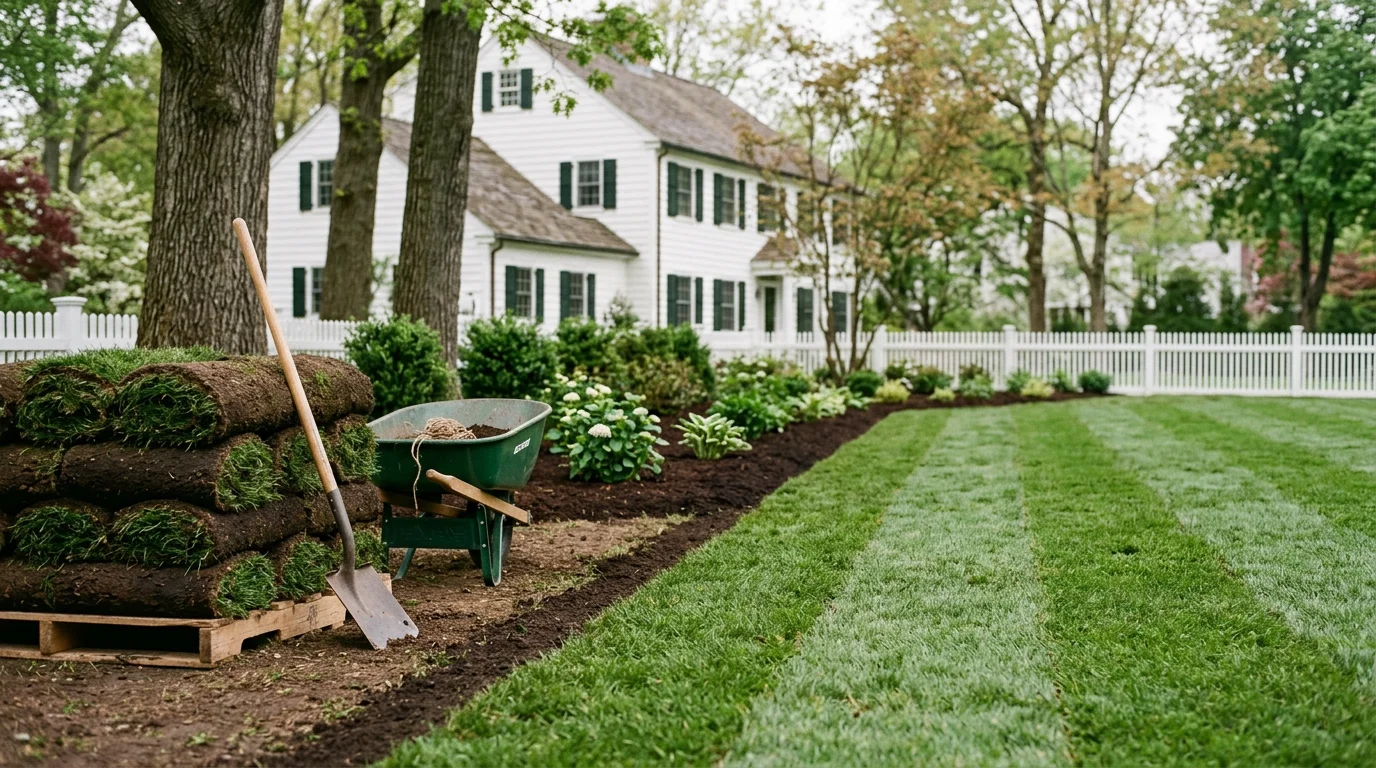 Professional landscaper installing sod and hardscape in a residential yard