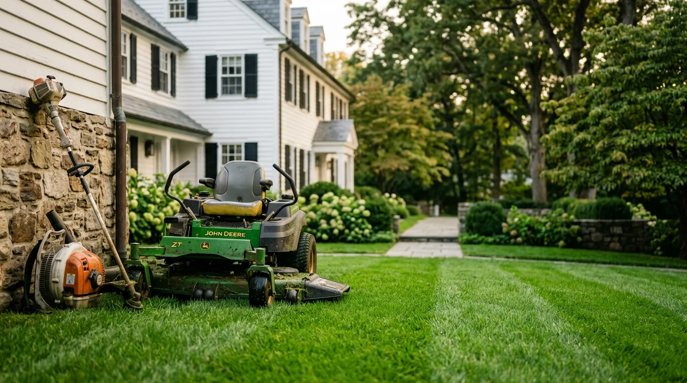 Lawn mower cutting grass in a residential yard