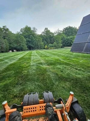 Orange zero-turn mower on striped lawn with mature trees and solar panels in background