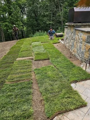 Newly installed sod rolls along curved bed with stone wall and patio edging