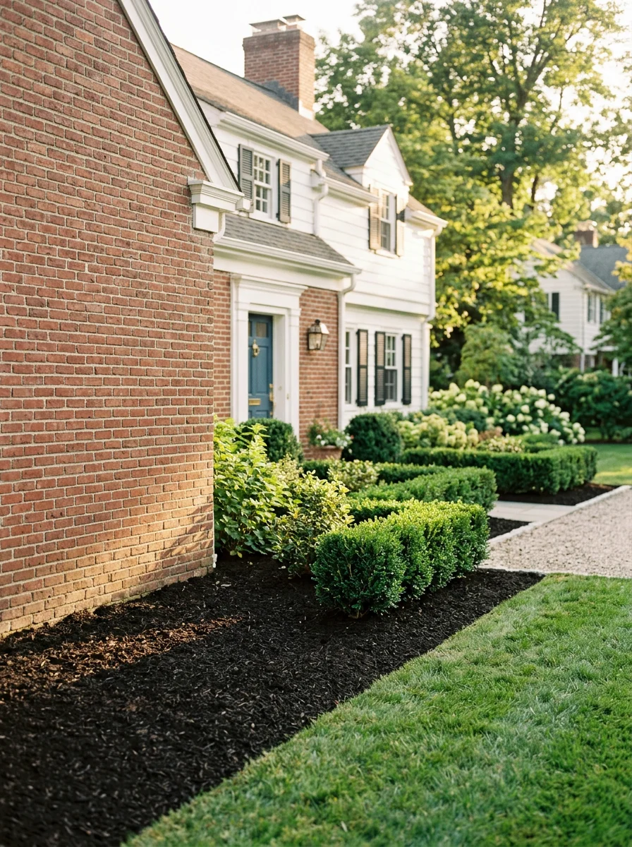 Mulched garden beds with trimmed shrubs along the front of a colonial-style home in the Noroton neighborhood of Darien, CT.