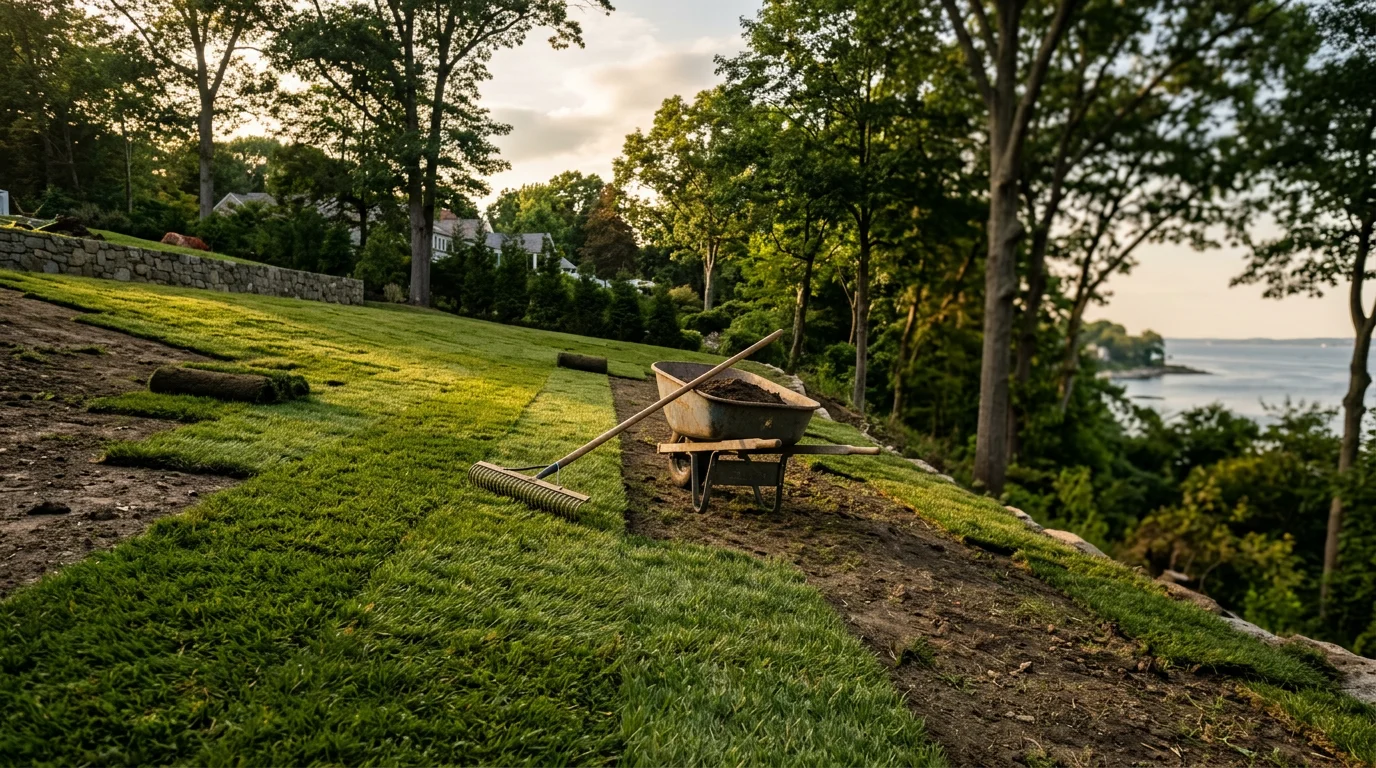Freshly laid sod on a sloped residential property in Darien, CT, with a mature tree line and Long Island Sound visible in the background.