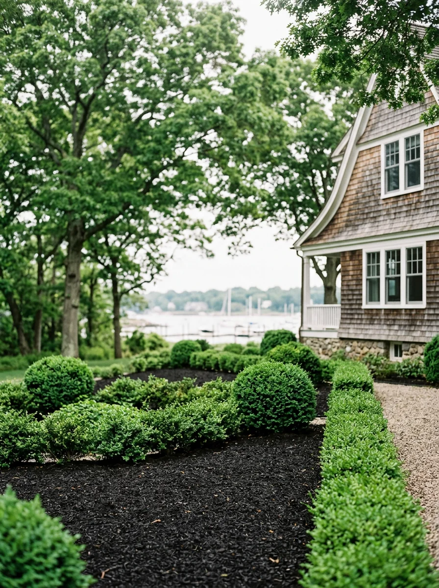 Mulched garden beds with trimmed ornamental shrubs along the front of a coastal estate property in Southport, CT, with Southport Harbor visible beyond the yard.