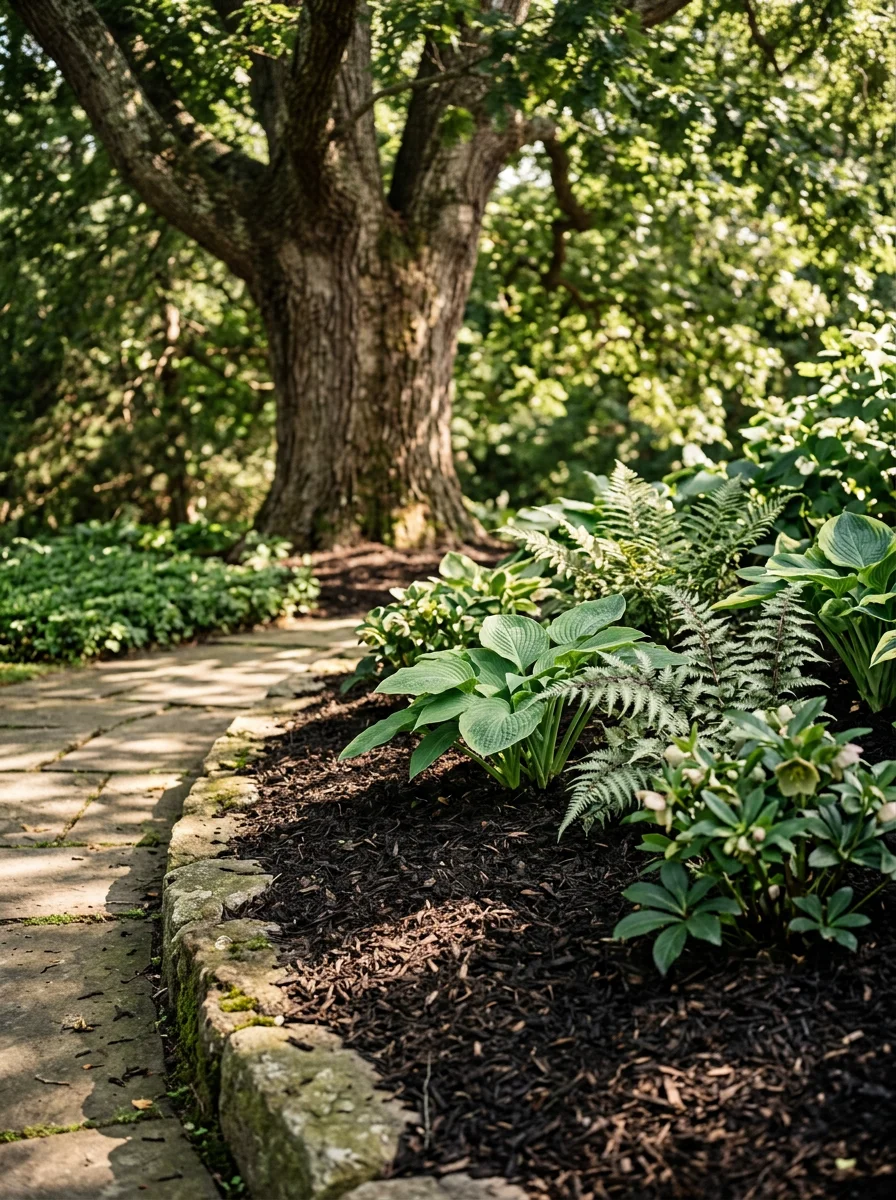 Freshly mulched planting beds with shade-tolerant perennials beneath a dense oak canopy on a New Canaan, CT estate property.