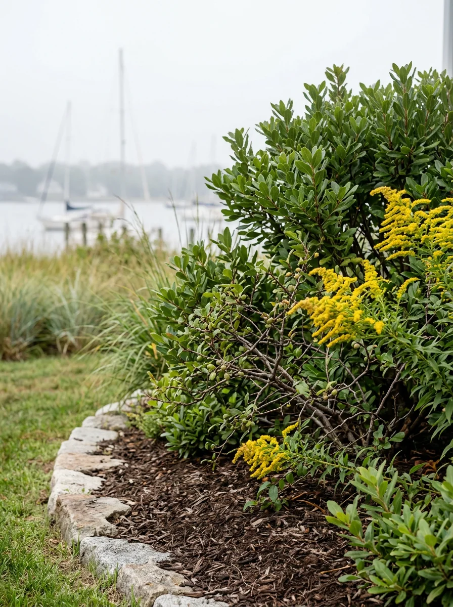 Salt-tolerant ornamental plantings along the front border of a coastal property in Rowayton, CT, with Norwalk Harbor visible beyond the yard.