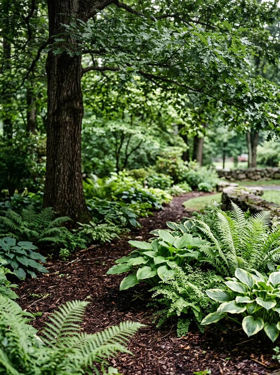 Shade-tolerant garden bed with native ferns and hostas planted beneath a mature oak canopy on a residential property in Weston, CT.