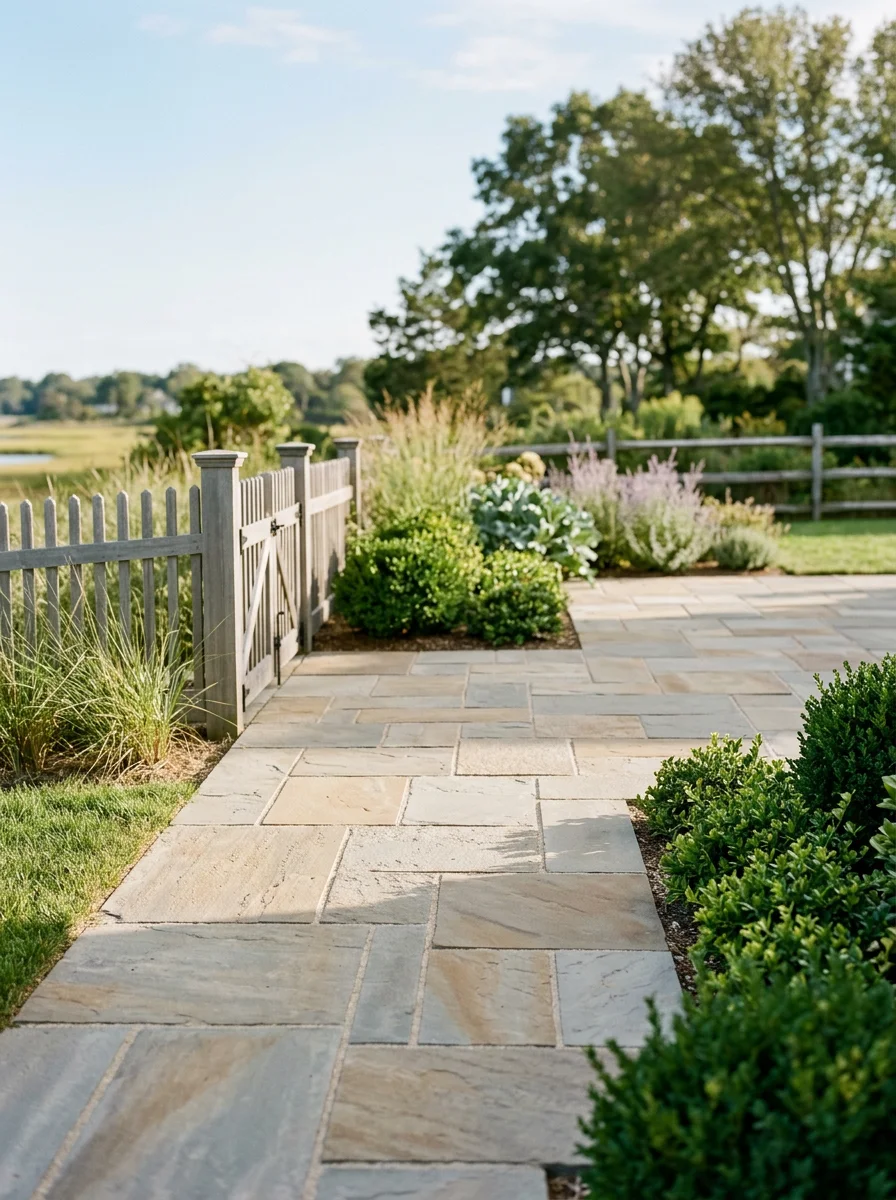 Hardscape patio with stone pavers and trimmed ornamental border plantings on a coastal Westport, CT property near Compo Beach.