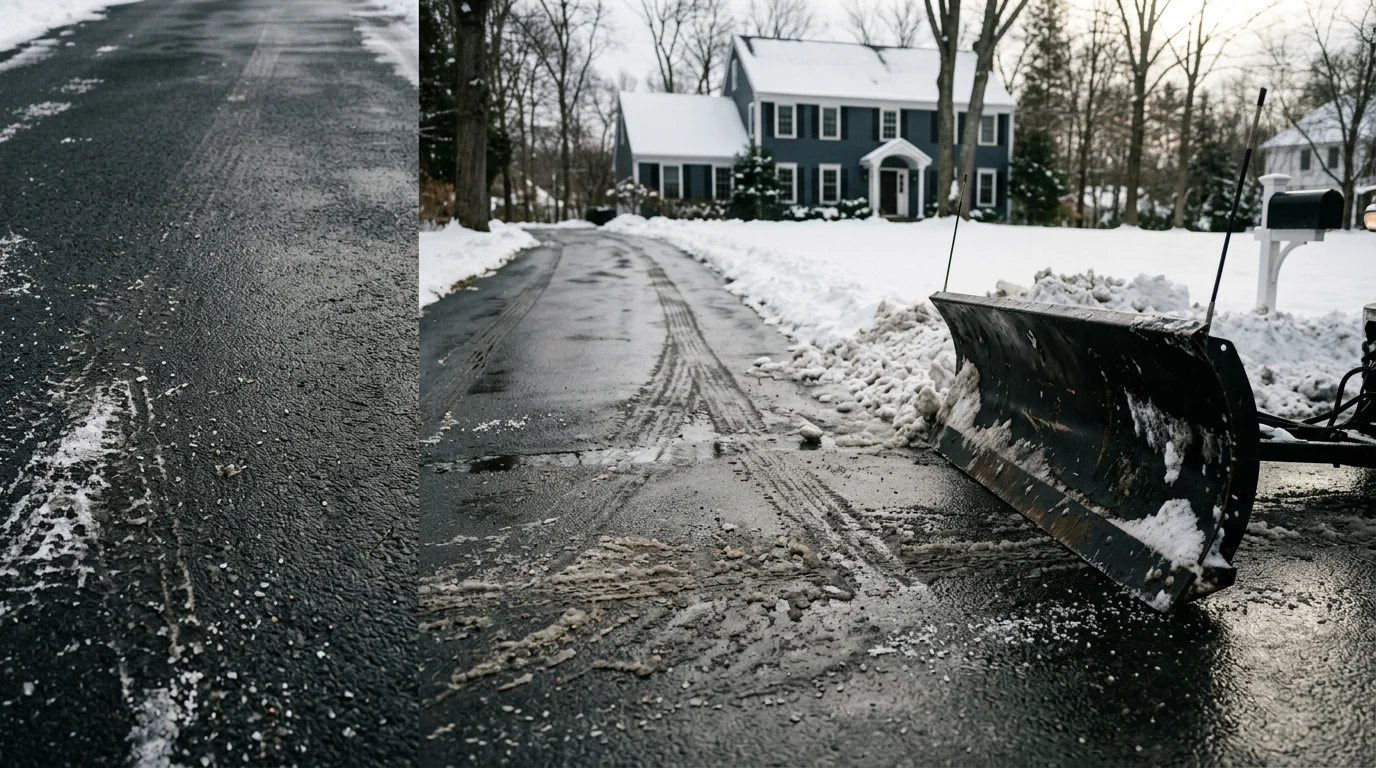 A residential driveway in Darien, Connecticut fully cleared of snow after a winter storm, with snow pushed neatly to the sides and the street apron open. The surrounding lawn and landscape borders along the driveway edge remain undisturbed.