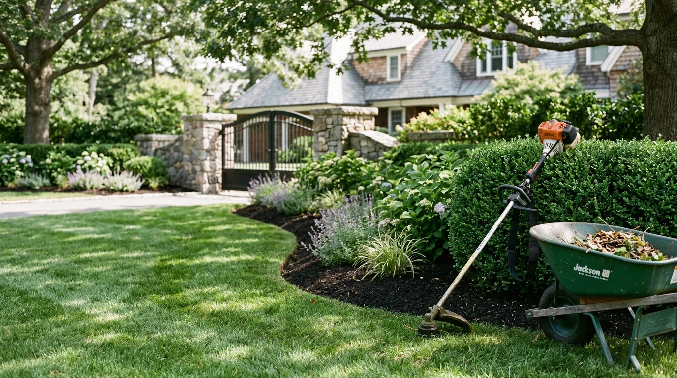 A large estate property in Darien, Connecticut with cleanly edged turf, trimmed hedges, and freshly mulched planting beds maintained by Dubons Landscaping LLC. The grounds show consistent, detailed care across a wide lawn with mature trees and defined garden borders.