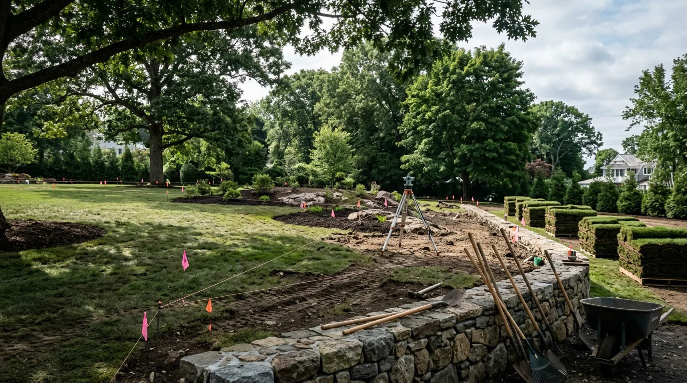 A large estate property in Darien, Connecticut with a structured lawn, layered planting beds, and a defined garden entry sequence designed by Dubons Landscaping LLC. The landscape reflects the wooded Fairfield County setting with plant selections suited to Connecticut's coastal climate and soil conditions.