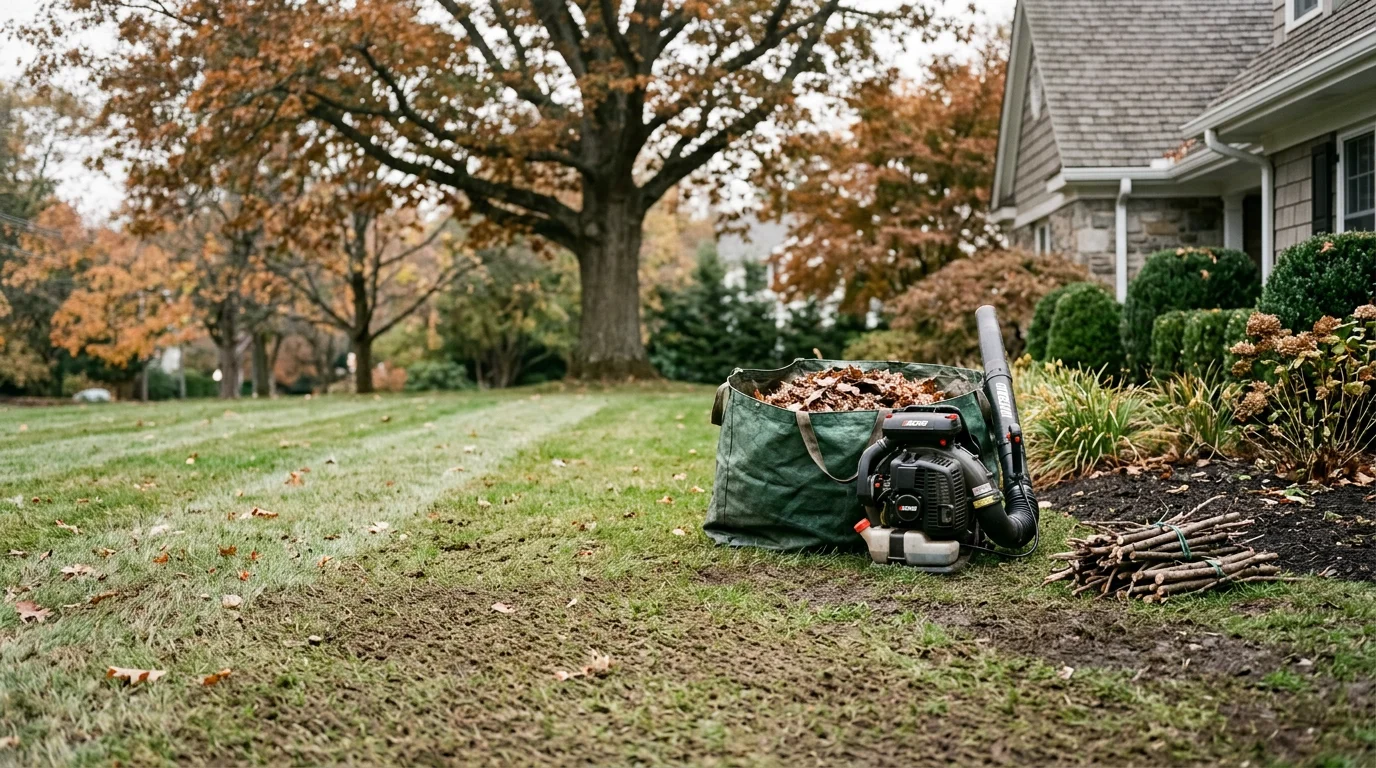A Darien, Connecticut residential lawn after professional fall cleanup, showing cleared grass free of leaves and debris with tidy garden beds along the property edge.