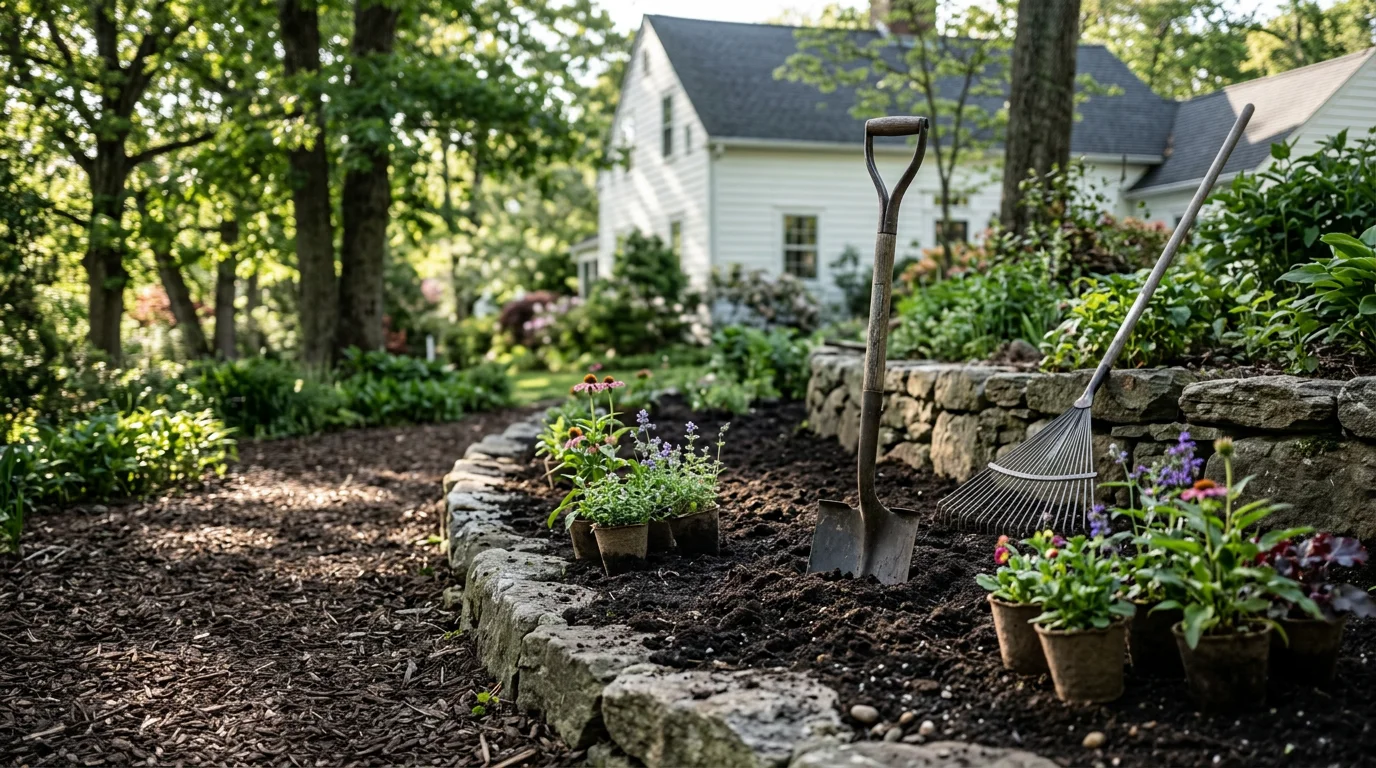 Freshly installed residential flower bed along a home's front border in Darien, Connecticut, with shaped soil edges and layered plantings suited to the local climate. The bed sits against a classic New England-style home exterior with a well-kept lawn in the foreground.