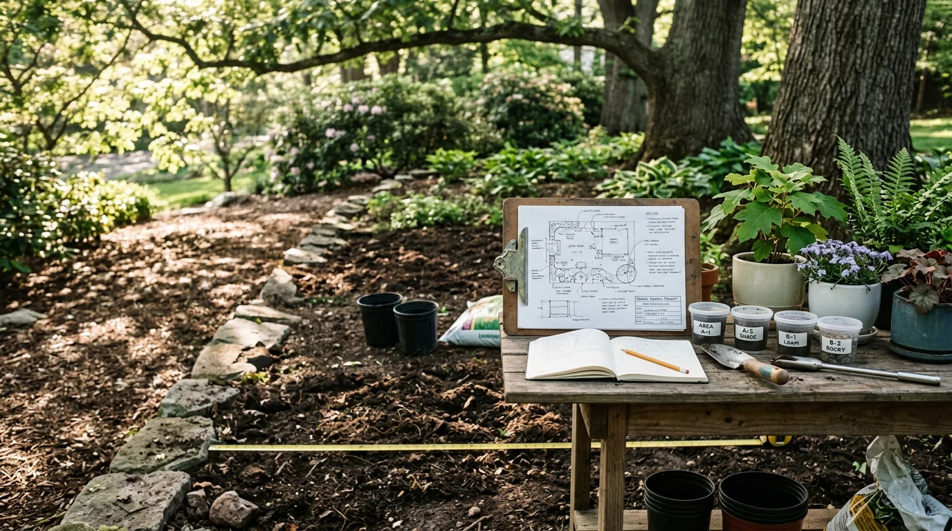 A Darien, Connecticut residential garden bed with layered plantings and defined borders following a professional design consultation by Dubons Landscaping LLC. The garden shows structured plant placement suited to the property's sun exposure and natural grade.