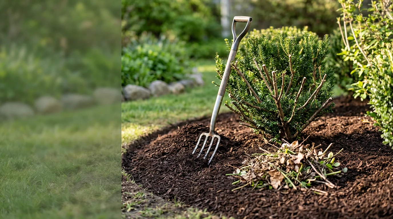 Neatly maintained garden beds with trimmed shrubs and fresh mulch at a residential property in Darien, Connecticut. A Dubons Landscaping LLC crew member edges a planting border on a tree-lined Fairfield County lot.