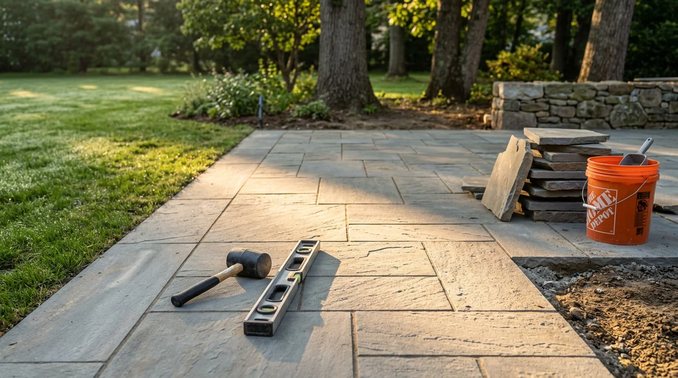 A finished stone patio and walkway installed by Dubons Landscaping LLC at a residential property in Darien, Connecticut. Natural stone pavers lead from the back door to a defined outdoor seating area surrounded by a neatly graded lawn.
