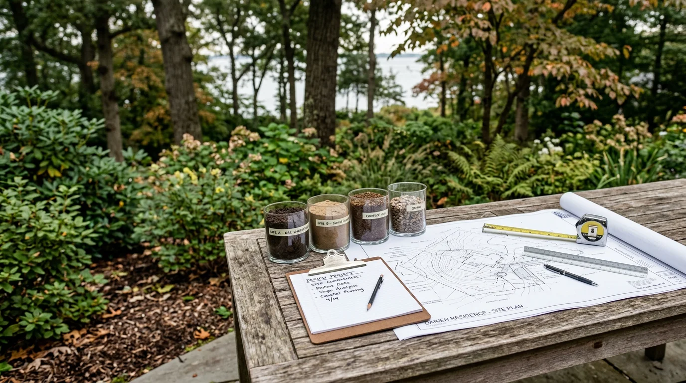 A Darien, Connecticut residential front yard showing a freshly designed landscape layout with defined planting beds, graded lawn areas, and varied plant selections suited to the coastal Fairfield County climate. A Dubons Landscaping LLC crew member reviews the site plan on the property during a landscape design consultation.