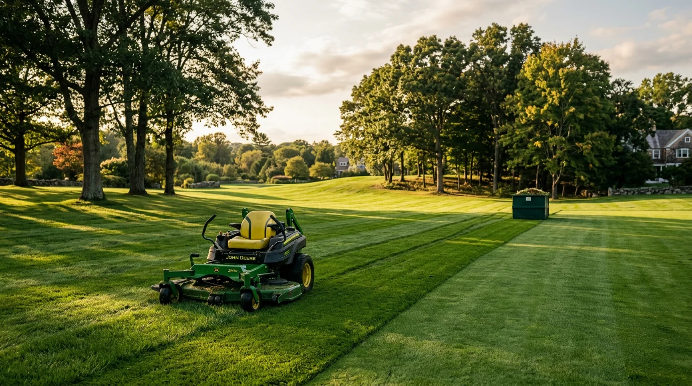 A wide, neatly mowed estate lawn in Darien, Connecticut with clean turf edges and a mature tree line in the background. Large property maintained by Dubons Landscaping LLC showing consistent cut lines across an oversized residential lot.