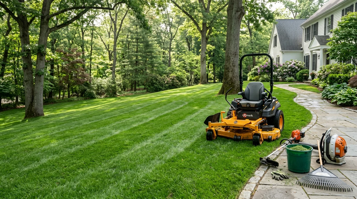 A neatly maintained residential lawn in Darien, Connecticut with clean edges, even green turf, and a well-kept border along a property line. Dubons Landscaping LLC lawn maintenance service result in Fairfield County.
