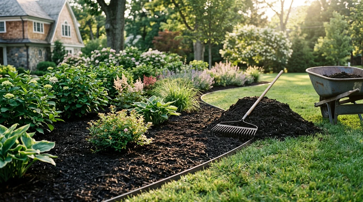 Freshly installed dark mulch covering a curved garden bed around ornamental shrubs at a residential property in Darien, Connecticut. The bed edges are cleanly defined and the mulch layer is even across the full planting area.