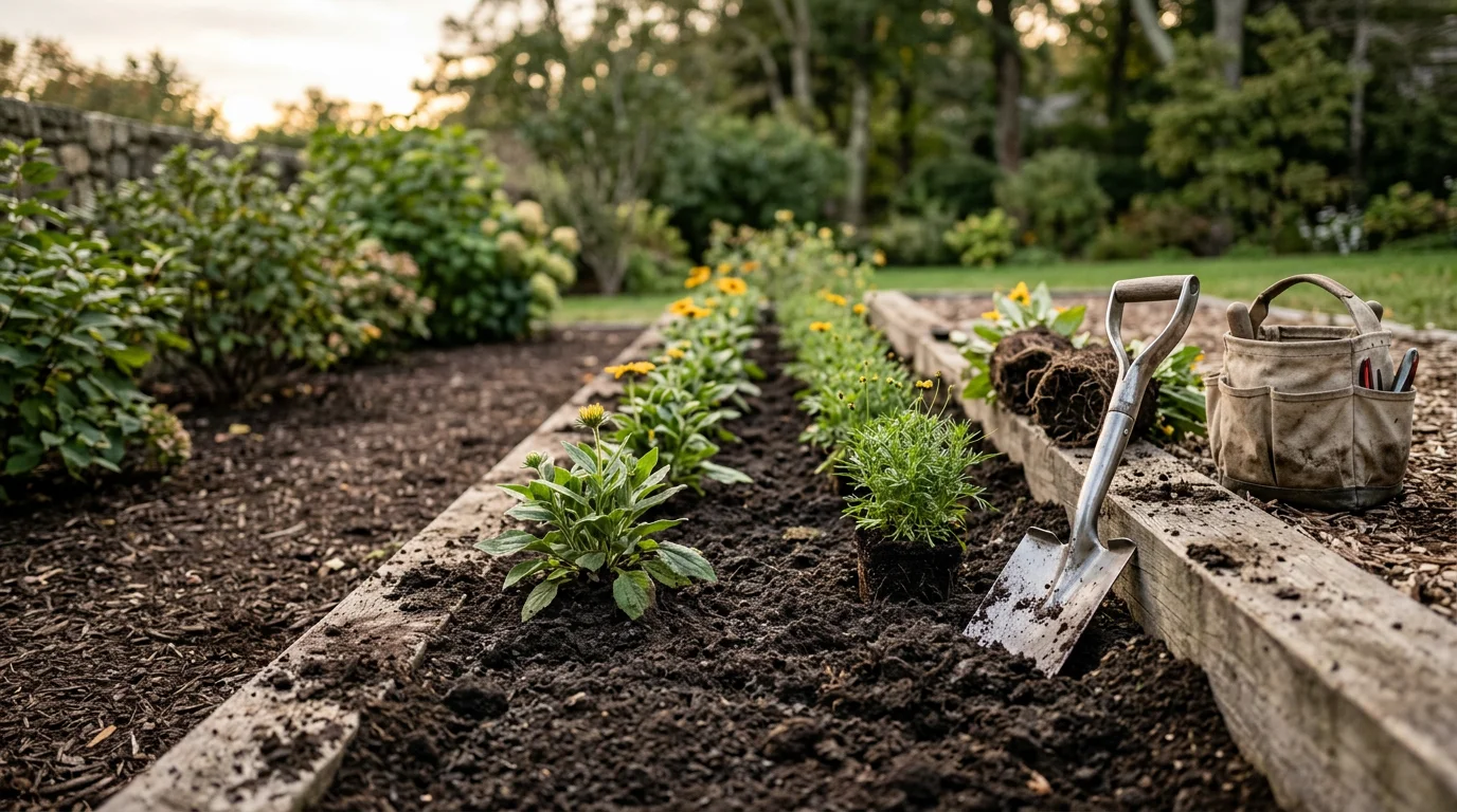 A professionally planted perennial garden bed at a residential property in Darien, Connecticut, showing layered blooms in a mixed border along a lawn edge. Coneflowers, daylilies, and hostas fill the bed with color against a backdrop of mature trees typical of Fairfield County yards.