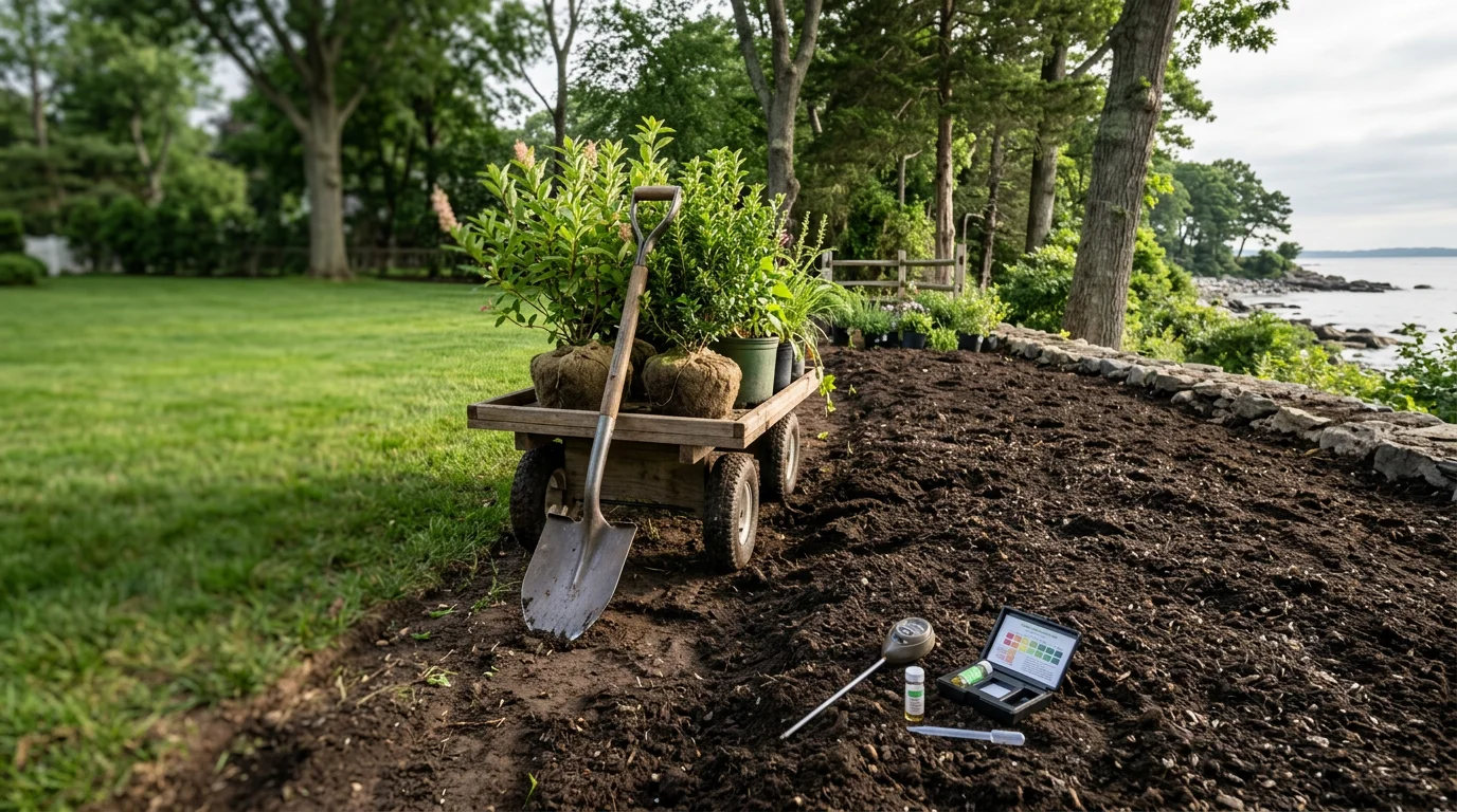 A landscaping crew planting a grouping of shrubs in a residential yard in Darien, Connecticut, with freshly turned soil and established lawn visible in the background. The plants are spaced evenly along a property border with a coastal Connecticut home behind them.
