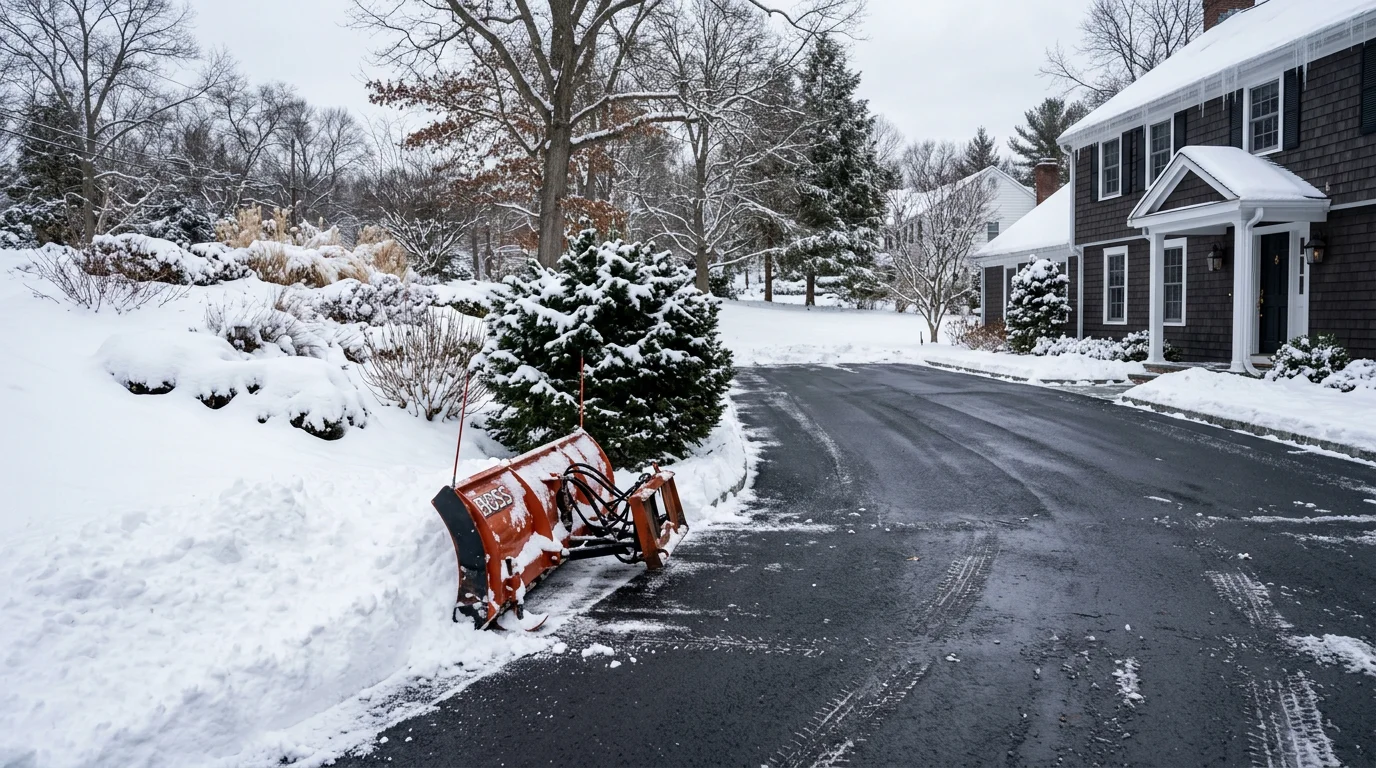 A cleared residential property in Darien, Connecticut after heavy snowfall, with snow fully removed from the ground surface. A Dubon's Landscaping LLC crew works in the background during winter conditions.