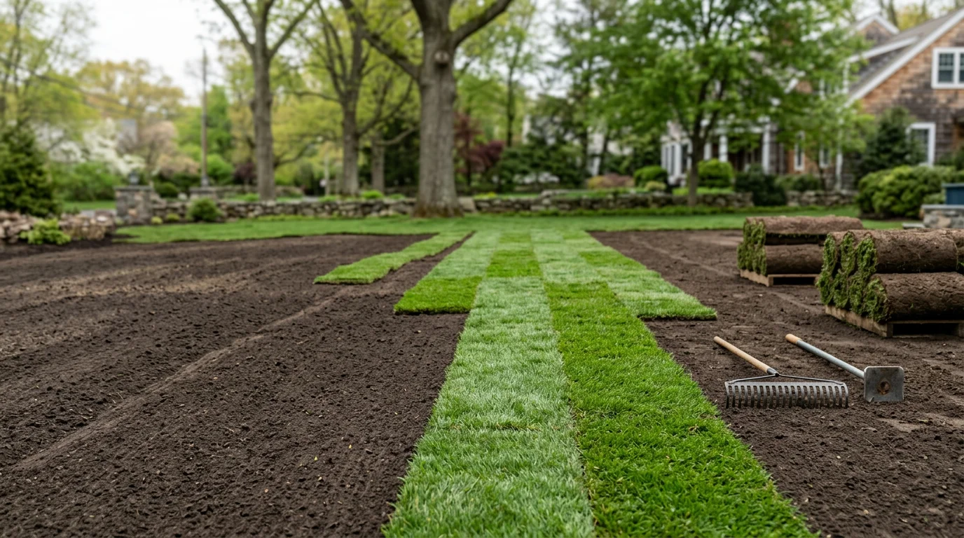 Freshly installed sod covering a residential lawn in Darien, Connecticut, with tight seams and a smooth, even surface. A landscaping crew from Dubons Landscaping LLC works across the property against a backdrop of mature trees typical of Fairfield County.