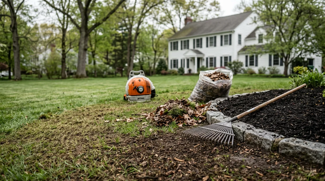 A Darien, Connecticut residential lawn after a professional spring cleanup, showing cleared flower beds with fresh mulch, pruned shrubs, and a debris-free lawn ready for the growing season.