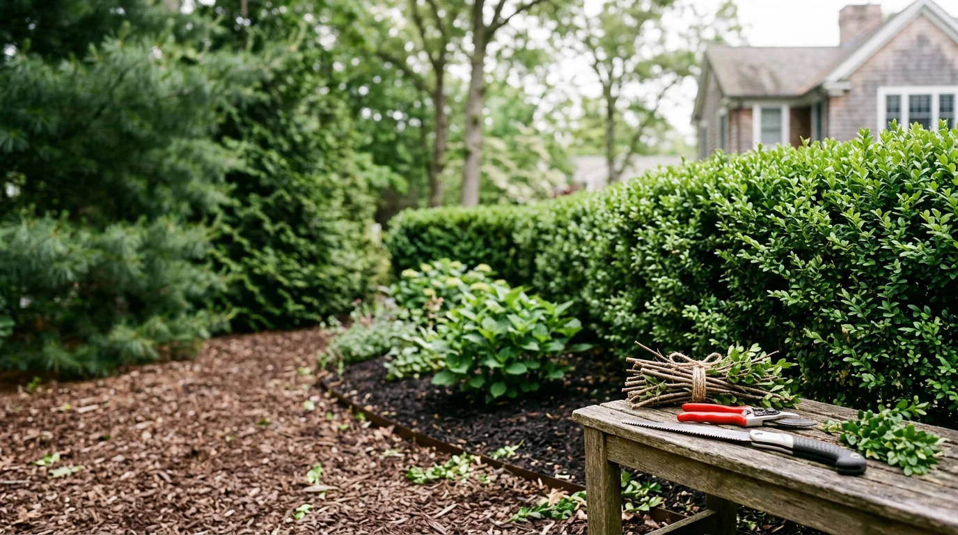 Neatly pruned hedges and shaped shrubs along the front of a residential property in Darien, Connecticut. A landscaper trims overgrown branches from a foundation planting on a sunny Fairfield County morning.