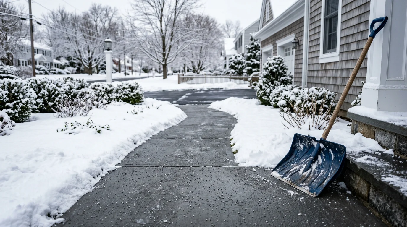 A cleared residential walkway in Darien, Connecticut with snow piled neatly to the sides after a winter storm. The path from the street to the front door is fully exposed and free of ice.