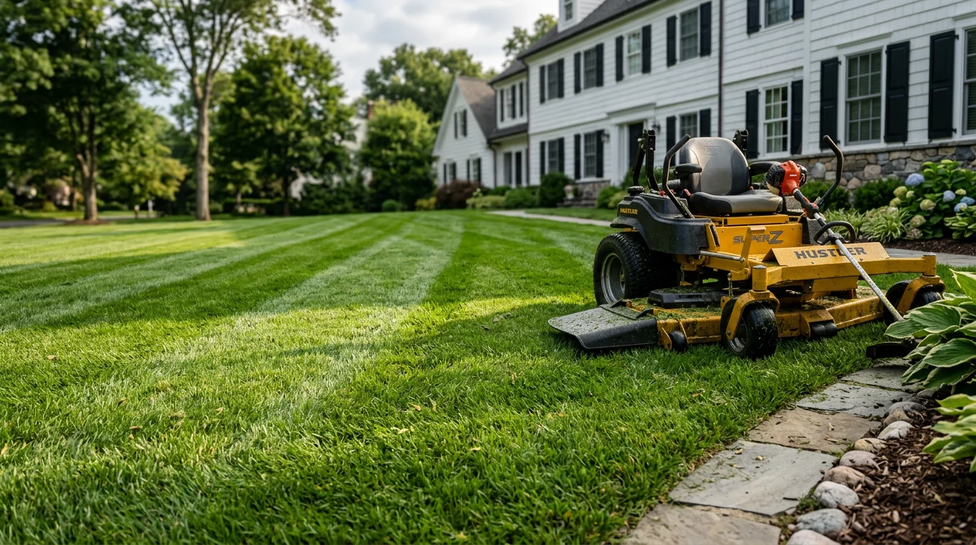 A freshly mowed residential lawn with clean mowing lines and edged garden beds at a colonial-style home in Darien, Connecticut. The grass is cut evenly and the property borders are neatly defined.