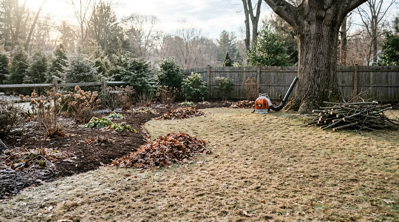 A cleared residential yard in Darien, Connecticut after winter yard cleanup, with bare garden beds, debris-free lawn, and pruned shrubs visible along the property edge. Leaf piles have been removed and the lawn surface is clean ahead of winter frost.